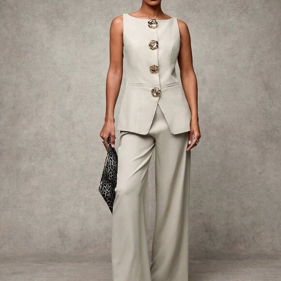 Jackets & Blazers - Apricot Elegant Women's Vest With 3d Floral Decor & Pants Set